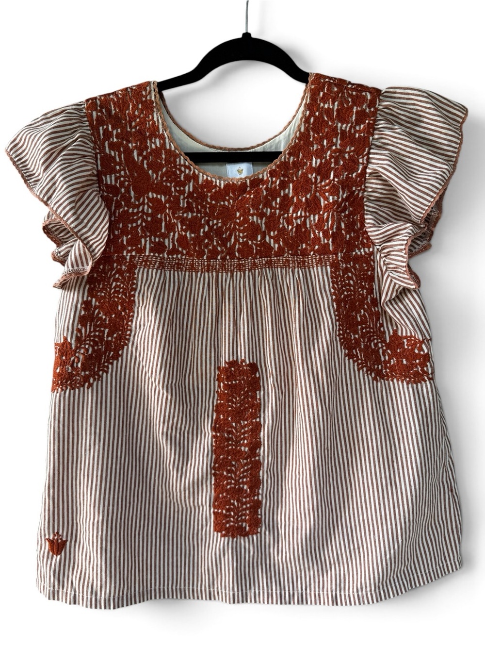 J. Marie Blouse Women M Rust White Striped Embroidered Boho Ruffle Sleeve